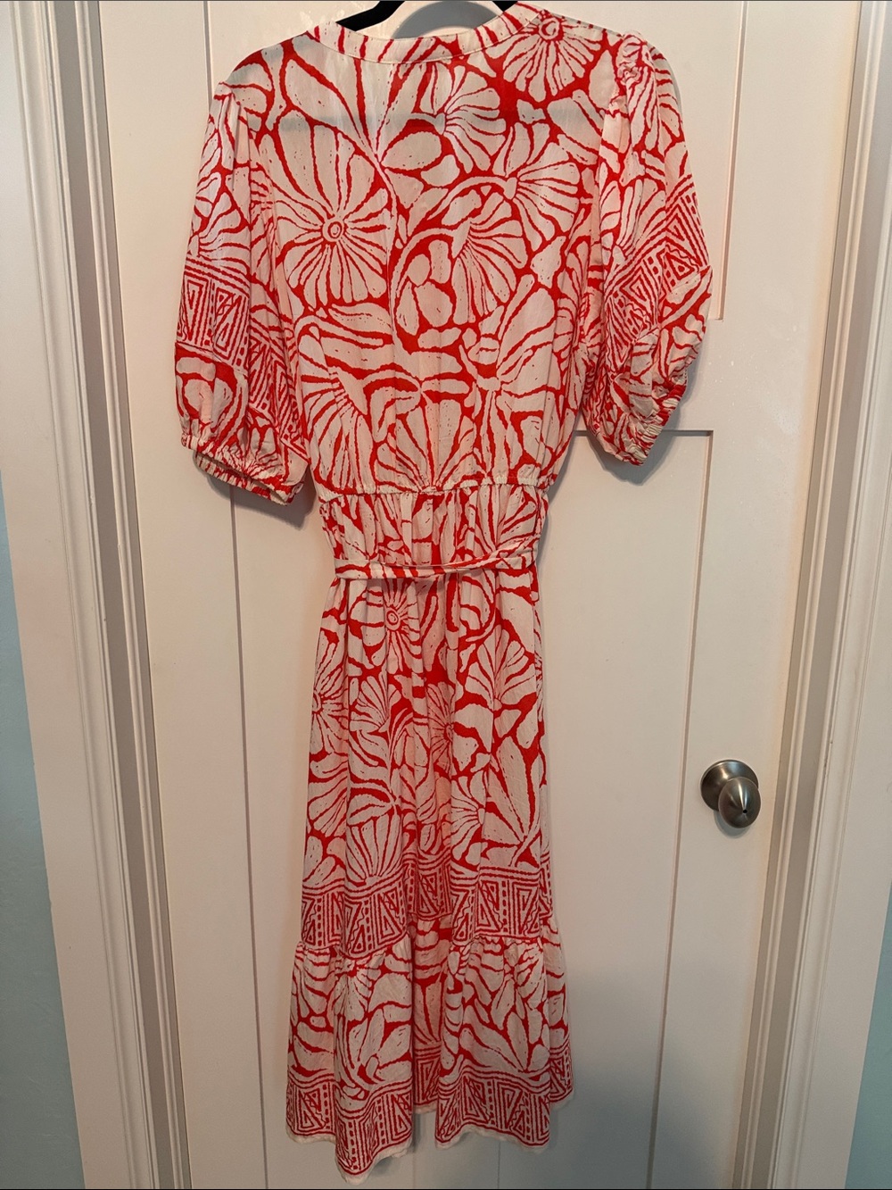 Fig and Flower Orange & White Floral Midi Dress with Tie Waist Resortwear Vacay - Picture 5 of 9
